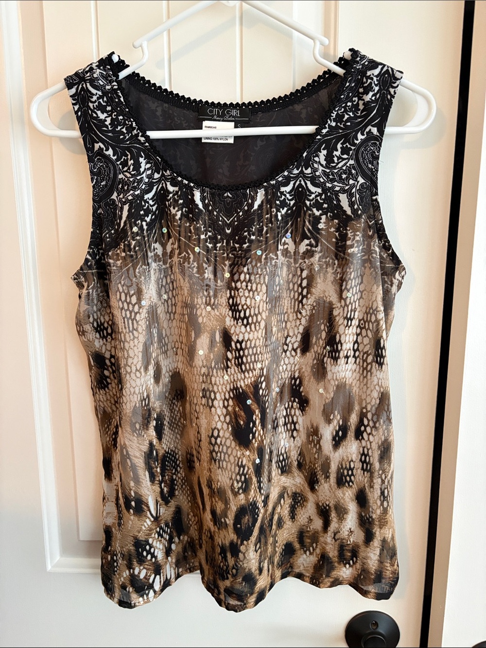 Sleeveless Animal Print Blouse - Black & Brown with sequins.  Fully lined.